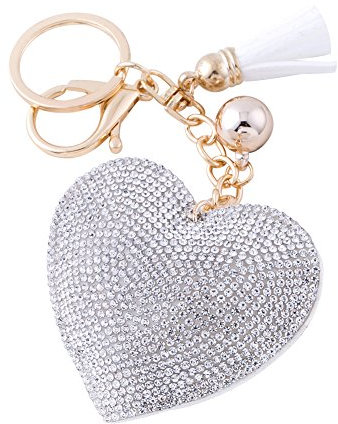 Soleebee en Cuir Amour Coeur Keychain Bling SS6 Premium Cristal De Voiture Porte-clés Valise Sacs À Dos Accessoires Charme avec Glands (Blanc)