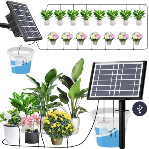Sistema di irrigazione a goccia solare, sistema di irrigazione da giardino da 900 ml/min, capacità 3 W, 3000 mAh, sistema di irrigazione automatico per aiuole rialzate per 15 piante in vaso