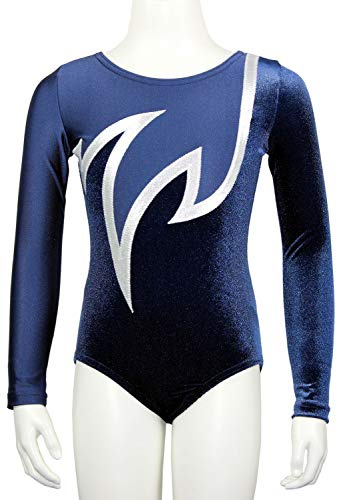 GymStern Turnanzug Java Spezial Nicki Samt & Glitzerlycra Mädchen Gymnastikanzug Langarm Kinder Turnbody langärmlich Turntrikot Dunkelblau/Weiß Größe 164