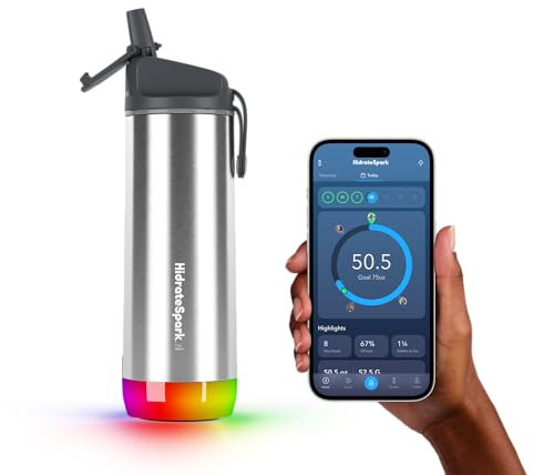 Hidrate | HidrateSpark | Smart-Wasserflasche aus Stahl. Verfolgt Wasseraufnahme und leuchtet, um Sie daran zu erinnern, hydratisiert zu bleiben. Strohhalm, 0,5 Liter, gebürsteter Edelstahl