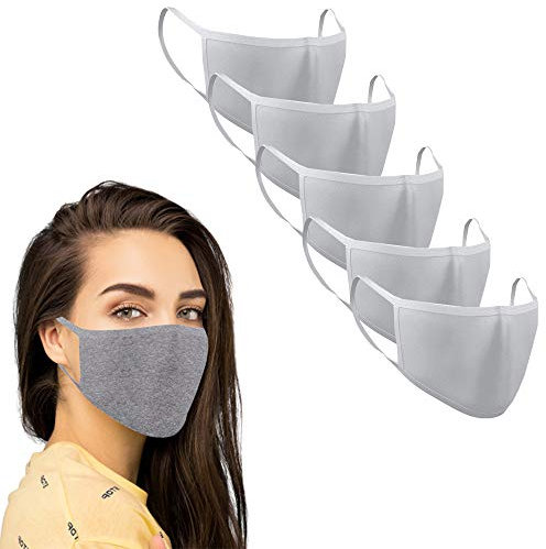 KUNSTIFY 5 Stück Stoffmaske Grau waschbar bügelbar farbig Mund und Nasenschutz Behelfsmasken wiederverwendbar Baumwolle Damen Herren MNS Schutz Staub resistent gegen Speichel Staubschutzmaske