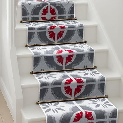 Bravich Modern Geometric Tiles Checkered Pattern Very Long Hallway Hall Runner Narrow Rugs Custom Length Grey & Red Stair Carpet Mats 60x360CM (2'X12')