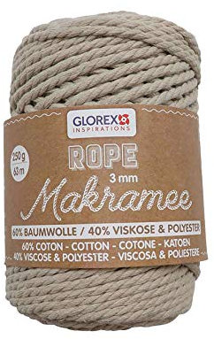 GLOREX 5 1007 02 - Makramee Rope 3 mm, superweiches Textilgarn aus 60 % Baumwolle / 40 % Viskose, zum Häkeln, Stricken, Knüpfen und textilen Gestalten, 250 g, ca. 63 m, gedreht taupe
