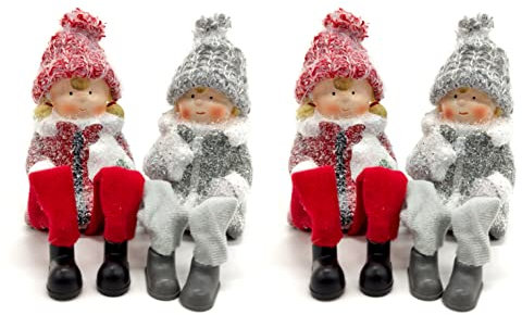 DARO DEKO Winterkinder Kantenhocker 4 Stück Mädchen und Junge 22cm Dekofigur Weihnachtsdeko