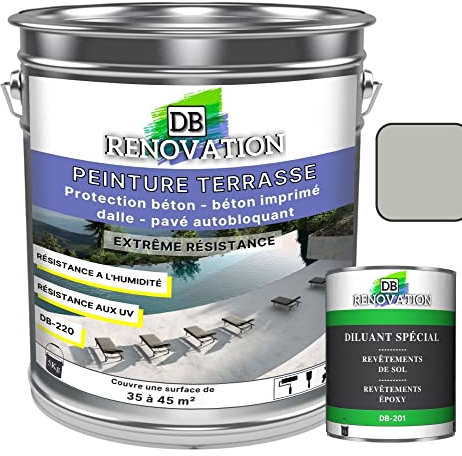 DB Rénovation PEINTURE SOL TERRASSE Extérieur pour béton, pavé - Forte protection UV - Haute imperméabilité - Passage fréquent - Gris soie 5KG + 1L Diluant