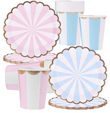 INHEMING 40Pcs Paper Plates and Cups Set - Pastel Pink and Blue, 7 Inch Round Dessert Plates, Disposable Party Tableware for Birthday Party, Baby Shower, Picnic, Girls Sleepover
