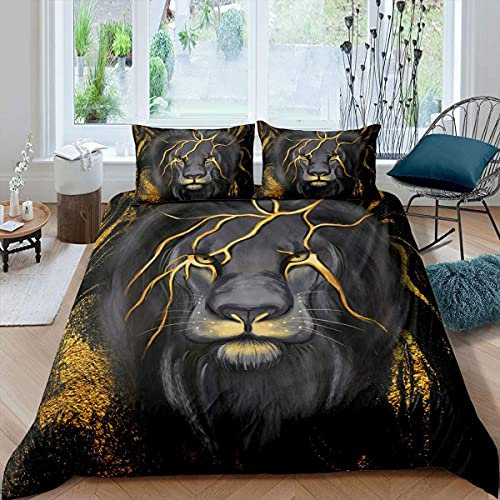Loussiesd Löwe Bettwäsche Jugendliche 3D Wilde Tier Muster Bettwäsche Set für Kinder Sparkle Stars Safari Bettbezug Set Golden Schwarz Lion Bettwäscheset 155x220cm Atmungsaktive 2St