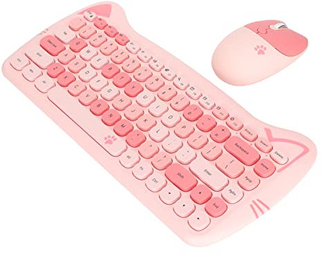 PUSOKEI Cute Cat Wireless Keyboard and Mouse Combo,2.4G USB Compact Silent Keyboard,Candy Colors,Compatible with Windows,OS X,Android,Computer,Laptop,PC,Tablet (pink)