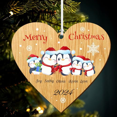 Personalised Christmas Baubles Christmas Tree Decorations Xmas Tree Decoration 2025 Family for Family UV Print Wood Christmas Decorations Ornament Xmas Bauble (Heart Family of 5)
