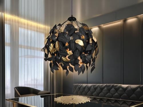LED Pendelleuchte dimmbar Lampenschirm Ø38cm Blätter Design in Schwarz-Gold