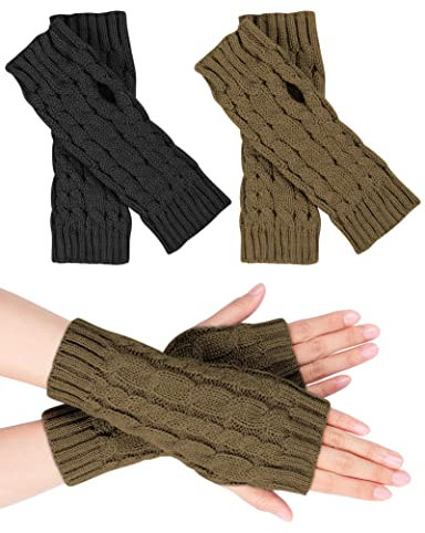 MELLIEX 2 Paar Halb Fingerlose Handschuhe, Damen Pulswärmer Winter Strickhandschuhe Warm Kurzer Halb Handstulpen Unisex Schwarz/Braun