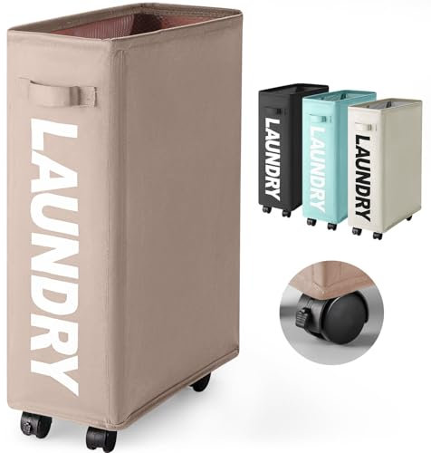 Rieeyrslza Faltbarer Wäschekorb mit Rollen 43L Schmaler Oxford-Stoff Faltbarer Wäschekorb dünner Wäschesammler Faltbare Wäschekörbe mit Rad Wäschebox Wäschesäcke Wäschesammler(Khaki)