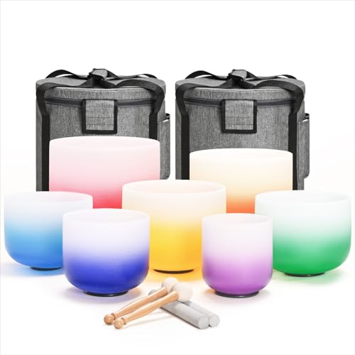432HZ - Juego de 7 cuencos de cristal de cuarzo esmerilado Aria de 6 a 12 pulgadas con 2 bolsas de transporte de viaje.