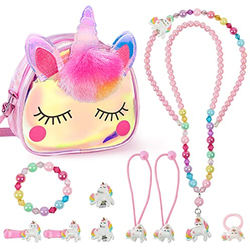 MEOWMEE Kinder Handtasche mit Schmuckset, Mädchen Tasche mit Kinderschmuck Halskette Armband Ringe Ohrringe Haarschmuck Haarband Haarspangen Haargummis Party Dress Up für Mädchen Geburtstag Geschenk