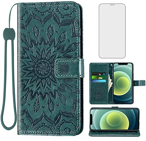 Phone Case for iPhone 12 Mini 5.4 Wallet with Tempered Glass Screen Protector and Leather Slim Flip Cover Card Holder Stand Cell Accessories iPhone12mini 5G i 12s iPhone12 12mini Women Men Dark Green