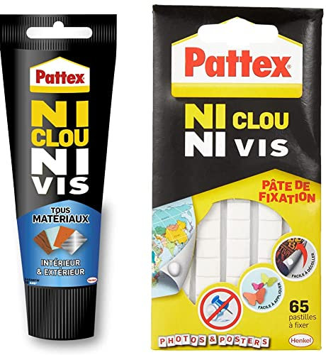 Pattex Ni Clou Ni Vis Tous Matériaux Intérieur&Extérieur, colle de fixation, mastic blanc, tube de 142 g & Ni Clou Ni Vis pâte de fixation, pastilles adhésives repositionnables blanches - 65 pastilles