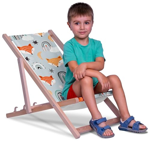 DreamRoots Kinder Liegestuhl Holz Gr. S, Foxes Pastel | Klappbarer Campingstuhl faltbar, für Garten & Strand, bis 130 kg, waschbarer Bezug, 100% Polyester, UV-beständig, Kinderliege