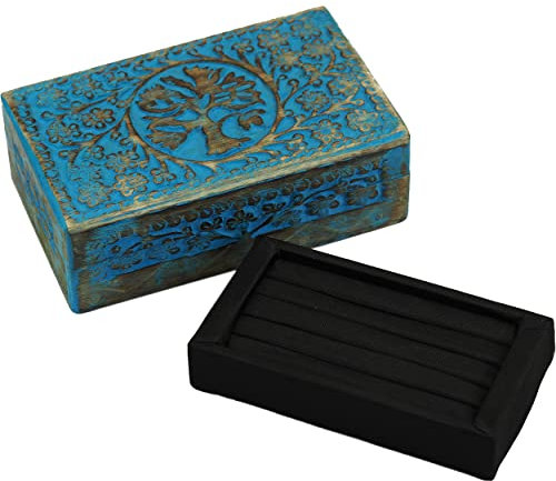 Craft&Style Schmuck Schatulle Kästchen Box Schachtel Kiste Dose aus Holz mit Deckel und Samtkissen| Lebensbaum türkis | L x B x H: 13 x 20 x 6 cm