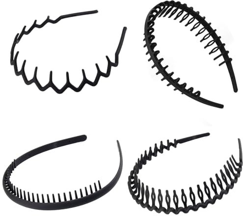 4 Stück Haarband Damen Elastisches Haarreifen Männer, Zickzack Haarreif, Matt Rutschfest Schwarz Haarreifen, Mehrere Stile, Haarreif Damen für Sport, Fitness, Tägliches Make-up