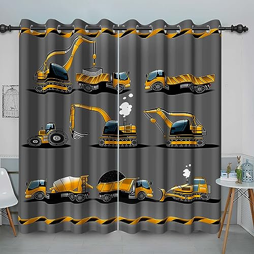 Baocicco Graue Konstruktionsvorhänge für Jungen, Schlafzimmer, Kinder, Cartoon-Bagger, LKW-Thema, Verdunkelung, Fenstervorhänge, Kinderzimmer, Dekoration, Kleinkinder, Bulldozer, Traktor, Ösen,