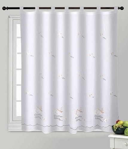 MERCURY TEXTIL- Cortinas de Cocina Translucidas Blancas con Dibujos Bordados de 140x140cm, Pack de 2 Visillos con Trabillas, Cortina para Cocina y Sala de Estar, Cortinas de Media Altura. (Café)