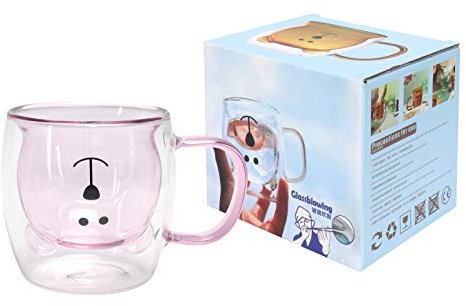 Glastasse in Bärenform, 250 Ml, Niedlicher Bär, Doppelwandig, Teeglas, Milchbecher Mit Griff, Isoliertes Glas, Espressotasse, Transparente Tasse aus Borosilikatglas, Geschenk Für Frauen(Rosa)