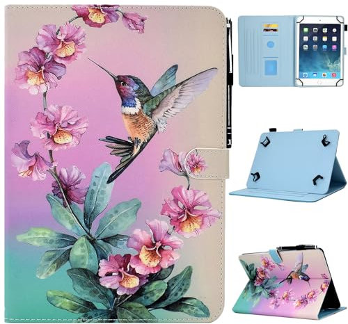 KEROM Universal 10 Inch Tablet Case, Universal 10.1 Inch Tablet Case, Cute PU Leather Folio Stand Protective Cover for 9.5-10.5 Inch Tablets, Hummingbird