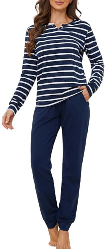 ZOEREA Pyjama Femme Ensembles de Femme Automne Hiver Nuit à Manches Longues Col V Tenue de Nuit à Carreaux Vêtement d'Intérieur 2 Pièces pour Femme Bleu Marine, XL