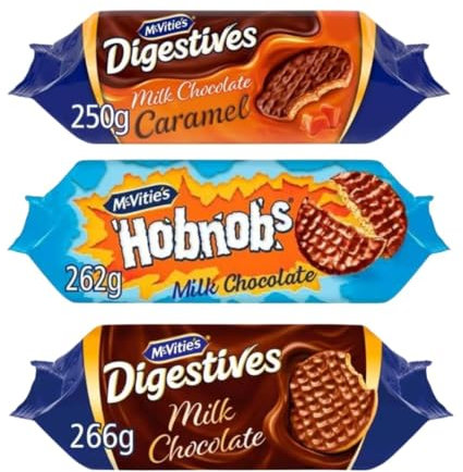 Biscuit Bundle Containing Hobnobs Milk Chocolate Biscuits 262g, McVities Milk Chocolate Digestives 266g & Caramel Digestives 250g (3 Pack)