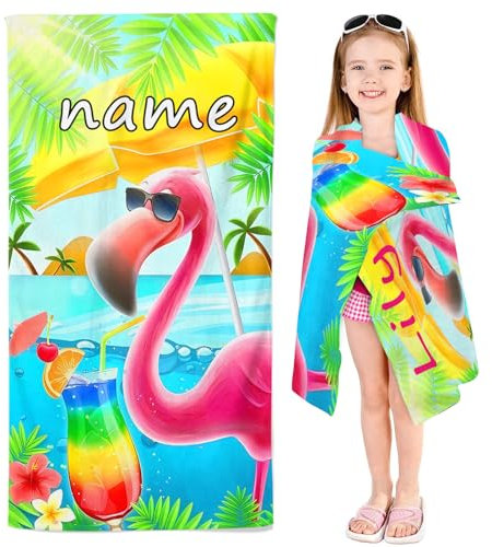 SMchwbc Personalisiert Strandtuch mit Namen, Personalisierte Mikrofaser Strandtuch Groß 70x140cm Badetuch Flamingo Blätter Strandtücher Flamingo für Strand (1,60 x 120 cm)