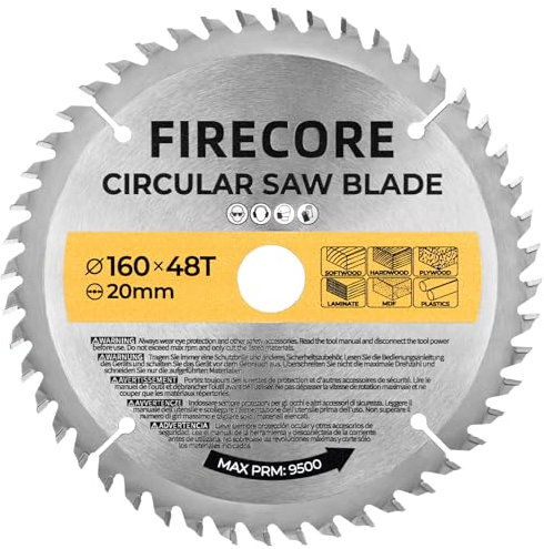 Firecore Lame de Scie Circulaire à 48 dents, 160 × 20 mm Lame de Coupe en Acier pour Bois et autres matériaux en Bois, disque compatible avec Bosch, Makita et plus encore