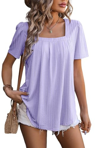Flikity Womens Tops Dressy Casual Square Neck Ladies Summer Tops | Puff Short Sleeve Blouses Pleated Tunic Clothes Flowy Loose Solid Summer T Shirts S-XXL
