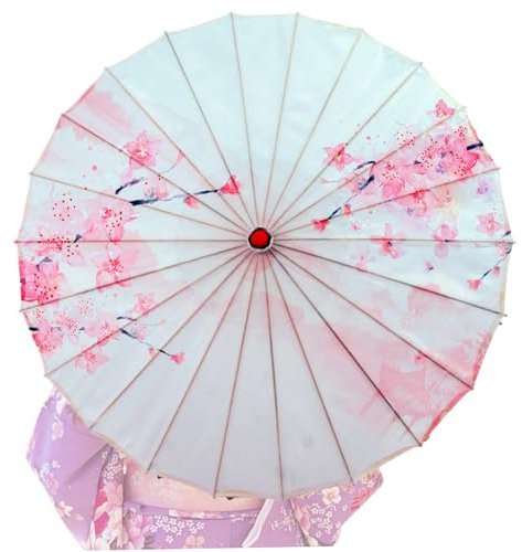 Paraguas japonesa, flor de melocotón de cerezo para paraguas de papel engrasado clásico para mujeres seda china seda de bambú asiático parasol para disfraces de Han, 32 pulgadas, sombrillas japonesas
