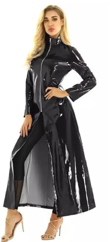 SDGHH-8MMDM Damen PVC Leder Trenchcoat Jacke Mit Reißverschluss Sexy Kleid Body Clubwear Langer Lack Mantel