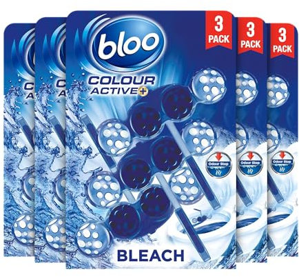 Bloo Colour Active Toilet Rim Block Bleach with Anti-Limescale, Cleaning Foam, Dirt Protection and Extra Freshness with Bloo Odour-Stop Technology, Pack of 3 Rimblocks X 5