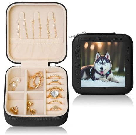 Quadratische Schmuckschatulle aus Leder mit Husky Dog – Lösung für Ringe, Ohrringe, Halsketten, Armbänder – herausnehmbare Pads, Reißverschlusstasche
