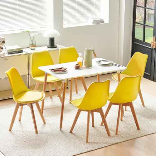 FURNITABLE Esszimmergruppe Esstisch mit 6 Stühlen Essgruppen, Rechteckig 110cm Küchentisch-Set und 6er Set Esszimmerstühle für Wohnzimmer Küche Büro (Weiß Tisch+6 Zitronengelb Stühle)