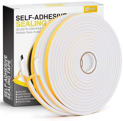 Inwee Guarnizione Finestra Autoadesiva, 2 Rotoli 10x6mm Guarnizione in Schiuma per Porte e Finestre, Resistente Alle Intemperie, Anti-Collisione, Isolamento Acustico, Lunghezza Totale 10M, Bianco