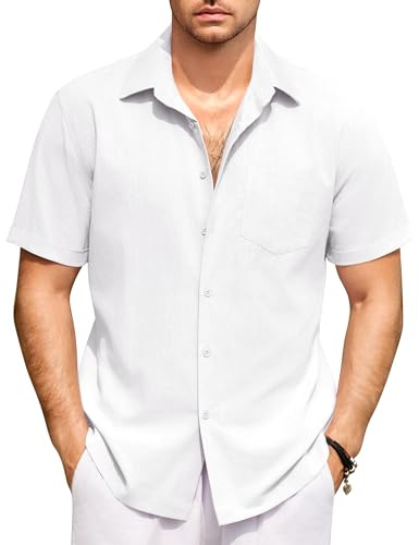 COOFANDY Herren Hemd Kurzarm Freizeithemd Leinenhemd Baumwoll Sommerhemd Herrenhemd Kurzarm Kurzarmhemd Button Down Strand Hemd mit Brusttasche Weiß XXL