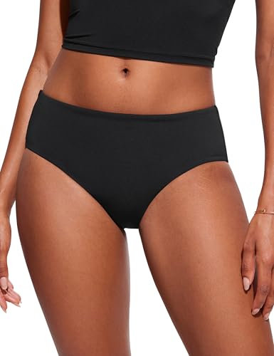 CRZ YOGA Womens Mid Waisted Bikini Bottoms Full Coverage Swimwear Basic Elastic Swim Briefs Black 12