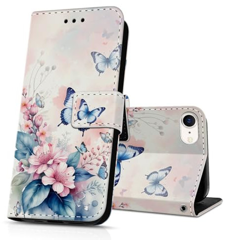 DiaryTown Handyhülle für iPhone 8 / iPhone 7 Hülle PU Lederhülle Klapphülle Schutzhülle Flip Case Cover Brieftasche iPhone SE 2020 / iPhone SE 2022 5G Handytasche - Z-Rosa Blume Blauer Schmetterling