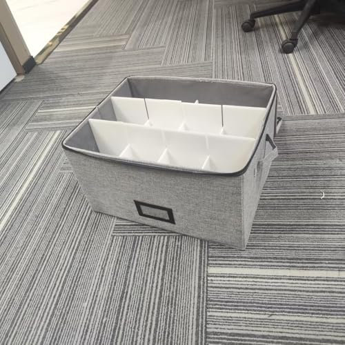 Lacinoeo Wine Glass Storage Box with Dividers - Holds 12 Standard Size Wine Glasses- Durable Quilted Microfiber Bin with Carry Handles (Gray)(no glasses) (Grey, Wine Glass Storage Box)