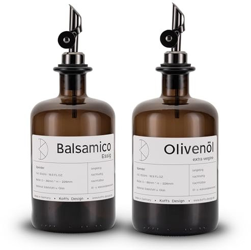 Koffs Design Ölflaschen zum Befüllen - Moderner Ölspender aus Braunglas mit Edelstahl Ausgießer – individuell bedruckbare Flaschen für jeden Inhalt - 500ml - Spender für Olivenöl und Balsamico