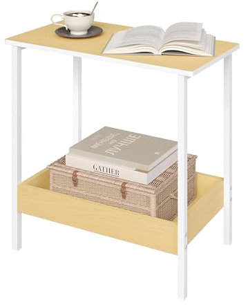 WOLTU Beistelltisch, Couchtisch mit 2 Ablagen, Konsolentisch mit Stauraum im Wohnzimmer, Wohnzimmertisch aus Metall Holzwerkstoff, Kleiner Sofatisch Holzoptik, 50x55x25 cm, BTS03nh
