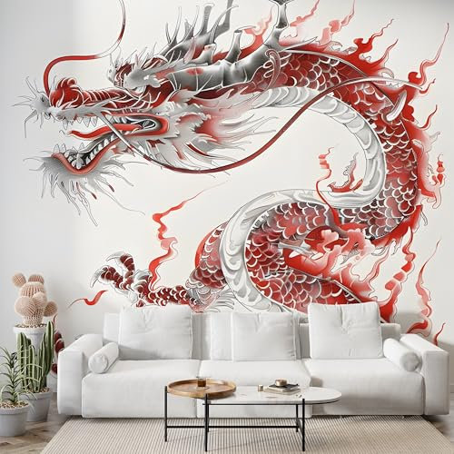 Selbstklebende Tapete Japanisch Drachen Wandbilder, Vlies Fototapete mit Asiatischer Stil Motiv, 3D Effekt Wandtapete Deko, Abziehen & Aufkleben, 450x315 cm - S-940