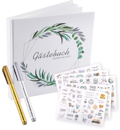 Hochzeitsbuch Weiß, 21x21cm Gästebuch Hochzeit Eukalyptus Blanko 100 Seiten, Hochzeitsgästebuch mit Sticker und Metallic Stifte, Vintage Wedding Guest Book, Fotobuch Jubiläen, Taufe Geschenk