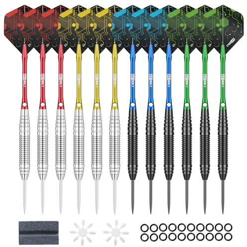 CyeeLife Dartpfeile mit Metallspitze,12 Stück 20 Gramm Profi Steel Darts Set mit 12 Aluminium Schaft + 16 Flights + 12 Alu Flight Protectors 20 Anti-Lose Gummiringe