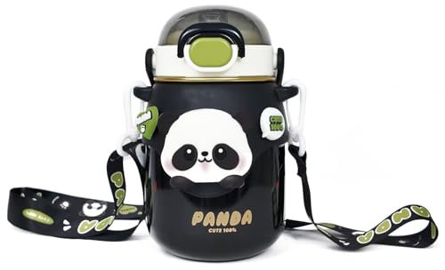 Landofgenie Gourde en Inox 700ml Isolée & Étanche avec Paille – Pour Boissons Chaudes/Froides, Outdoor & Bureau, Noir Panda