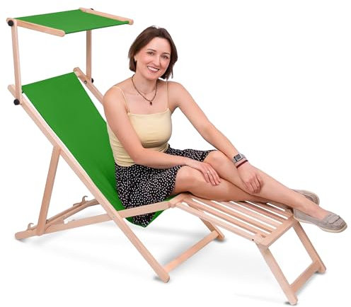 DreamRoots Sonnenliege klappbar mit Dach aus Holz - Liegestuhl mit Sonnenschutz & Fußstütze aus Holz bis 130 kg, Oxford-Polyester 220g/m², 3-Fach verstellbar - Dublin