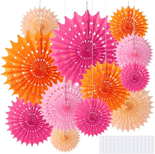 Hexizexi 12 Stück Papier Fächer Orange Rosa Hängende Papierfächer Deko | 20/25/35/40cm Fächer Deko Hochzeitsfestdeko Blumenfächer für Geburtstag Hochzeit Graduierung Party Baby Shower Party Deko